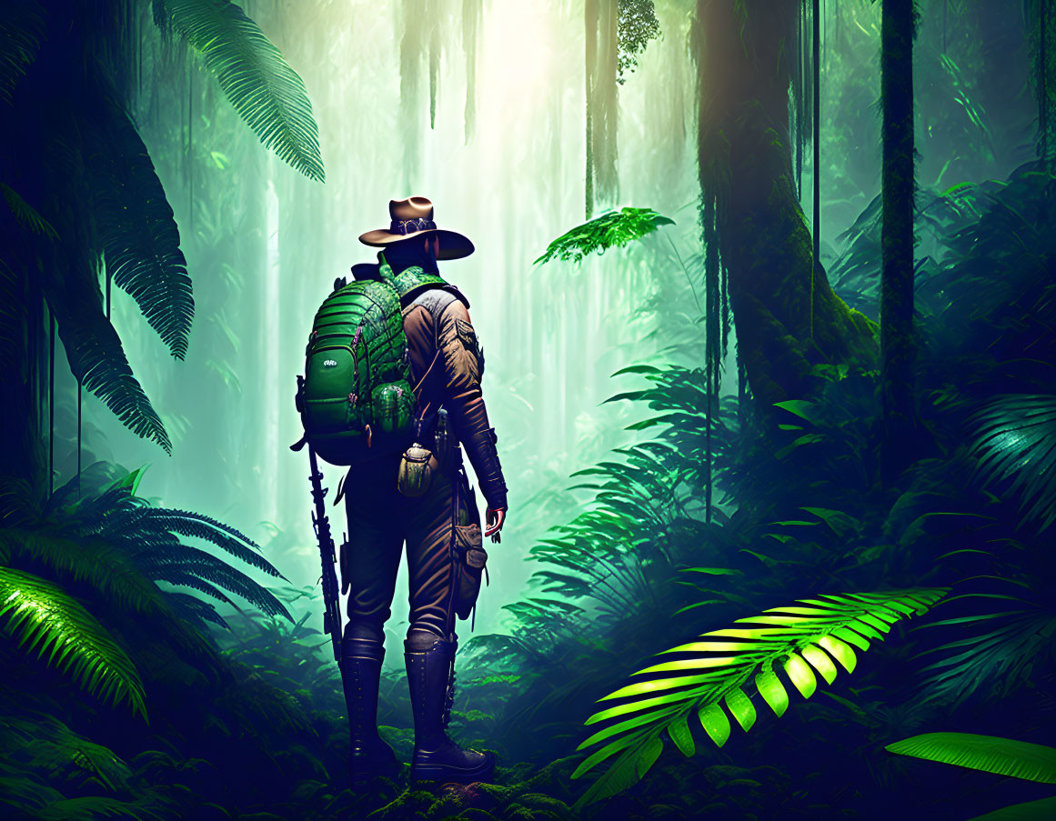 Adventurer in lush misty forest with ferns and tall trees