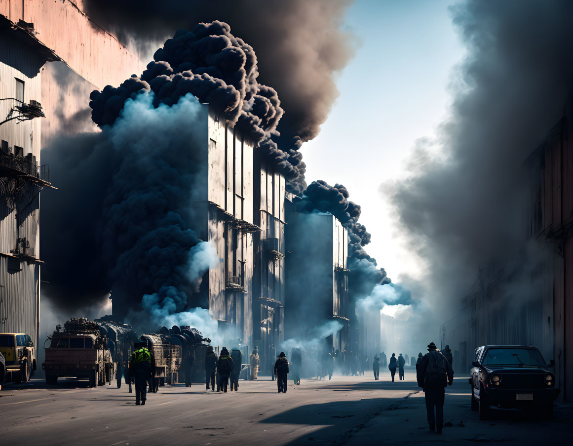 Intense industrial fire scene with billowing black smoke