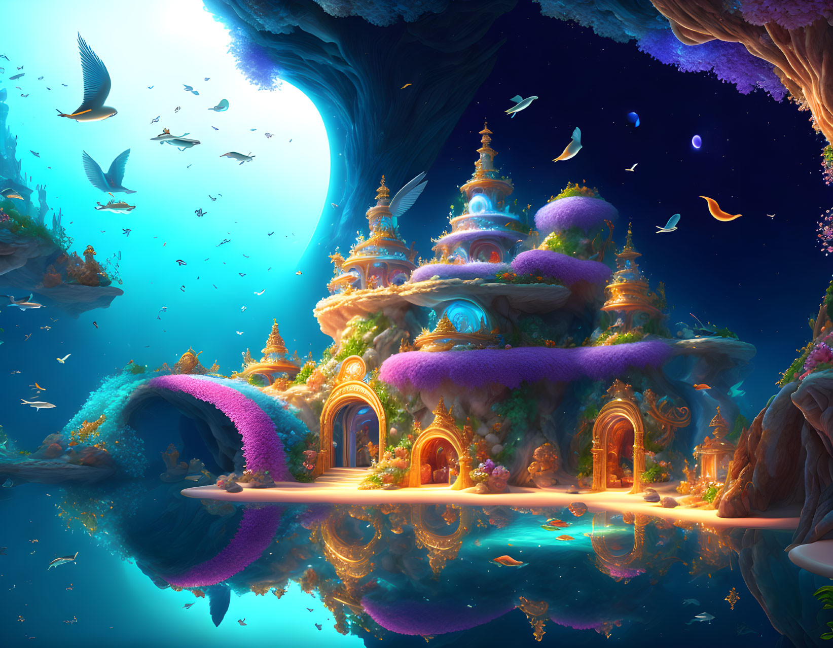 Fantasy landscape with floating islands, golden buildings, purple vegetation, starry sky.