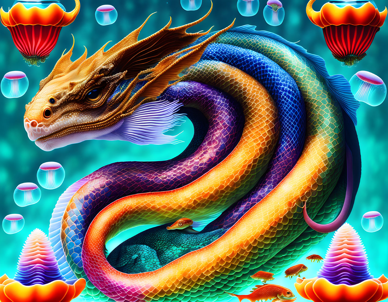 Colorful dragon with jellyfish and hot-air balloons in aquatic fantasy.