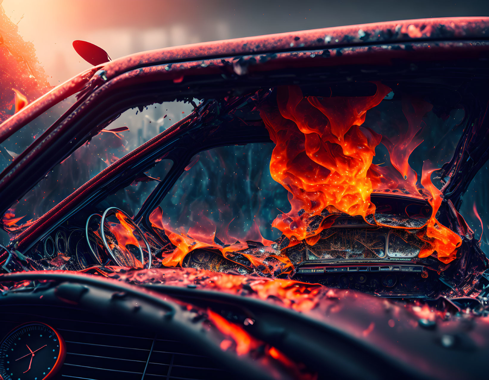 Car Interior Engulfed in Flames with Rain Outside