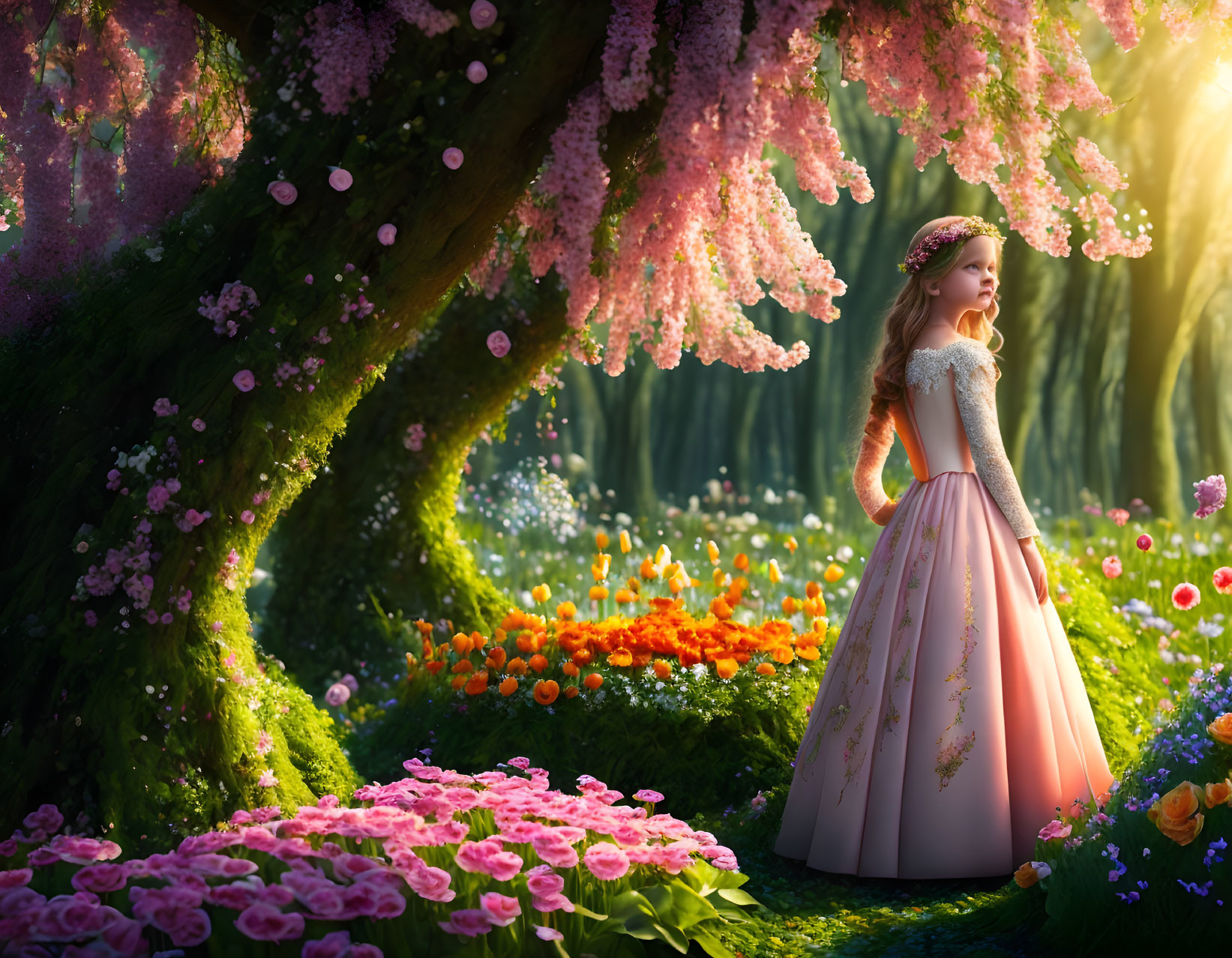 Young woman in elegant dress in magical forest garden with blooming flowers