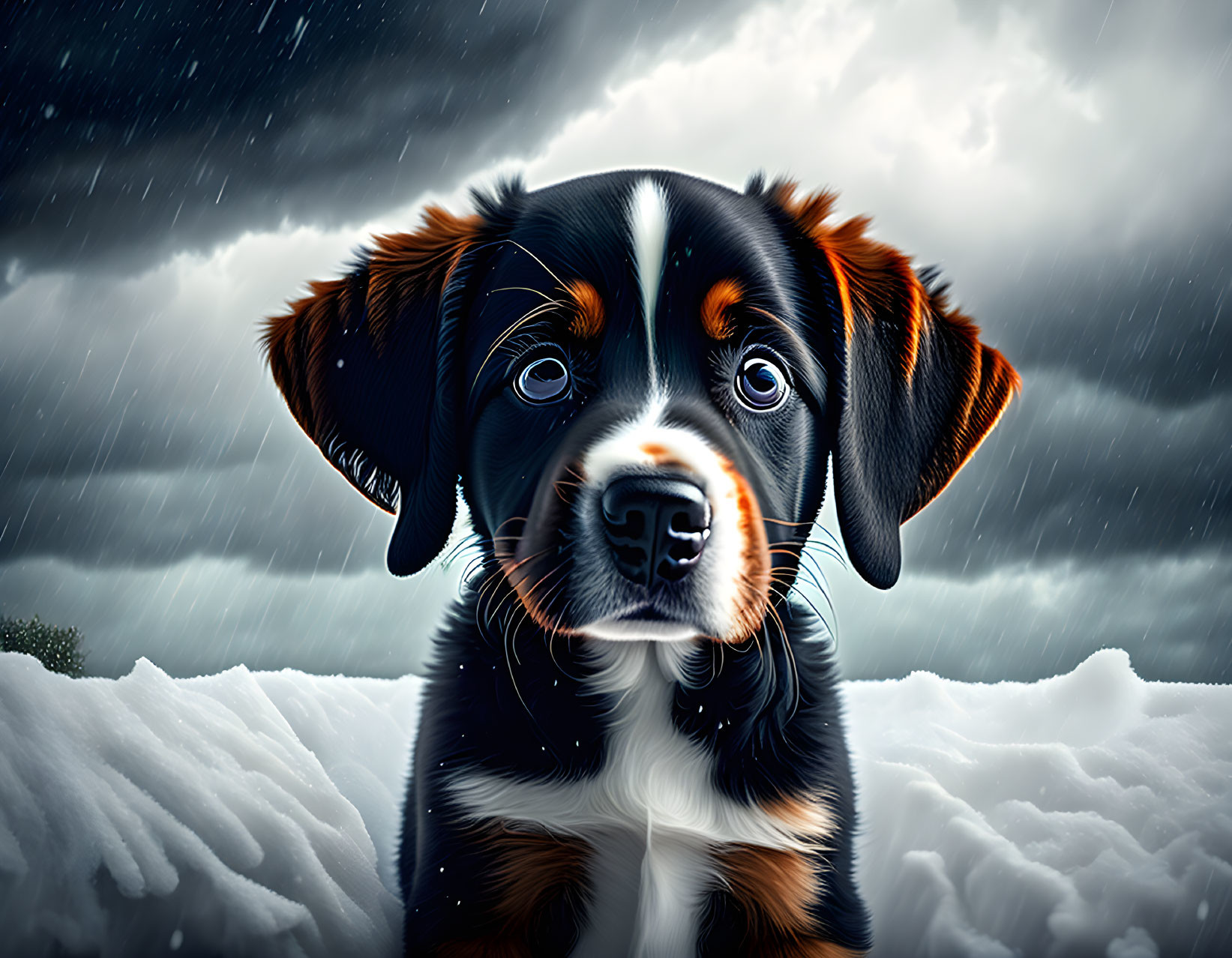 Black and brown fur puppy sitting in snow under cloudy sky with falling snowflakes