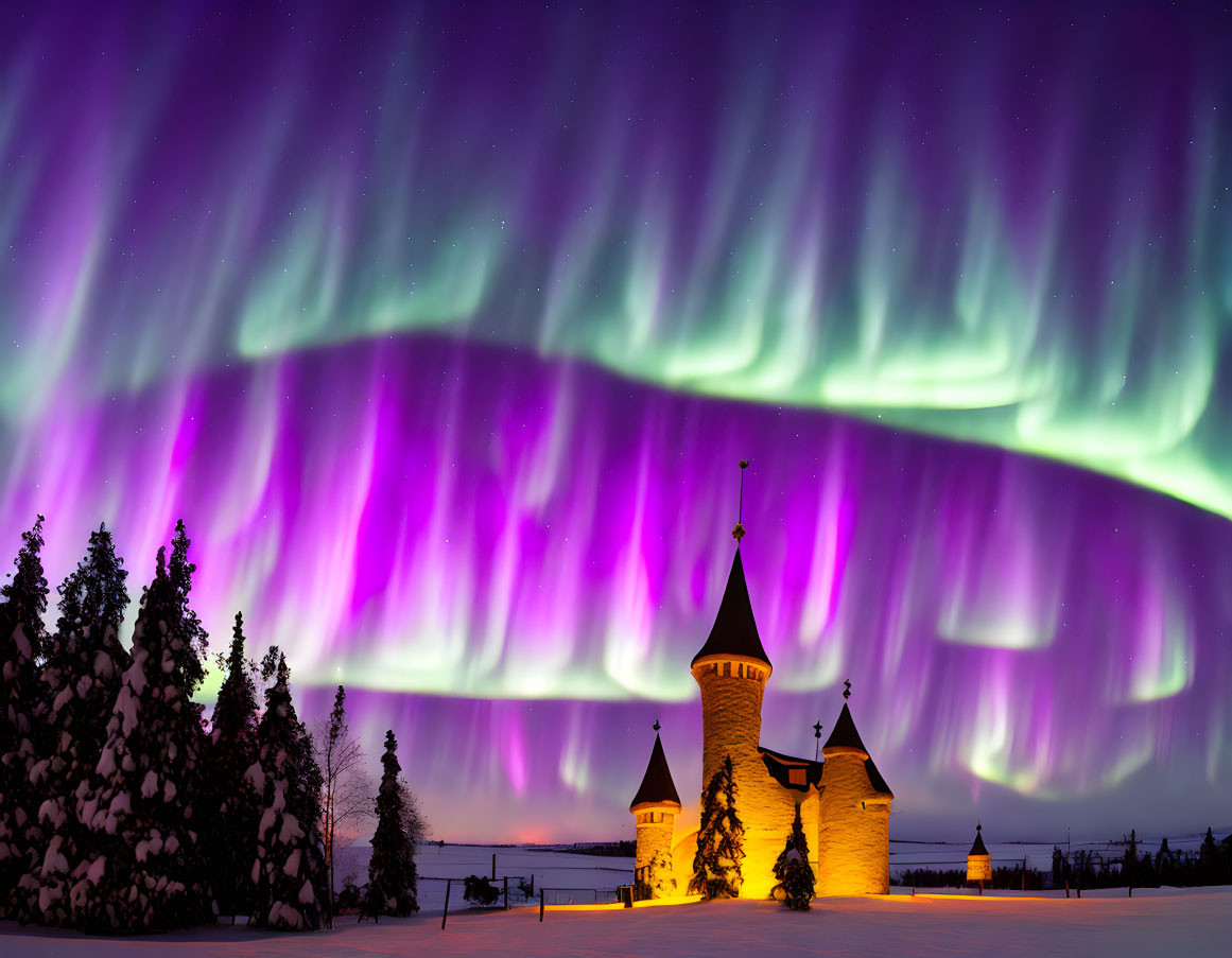 Green and Purple Aurora Borealis Over Snow-covered Castle