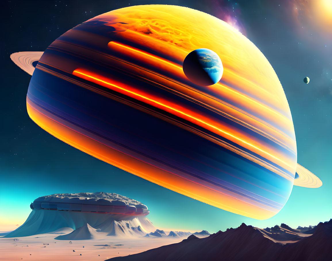 Futuristic sci-fi landscape with ringed planet and celestial bodies