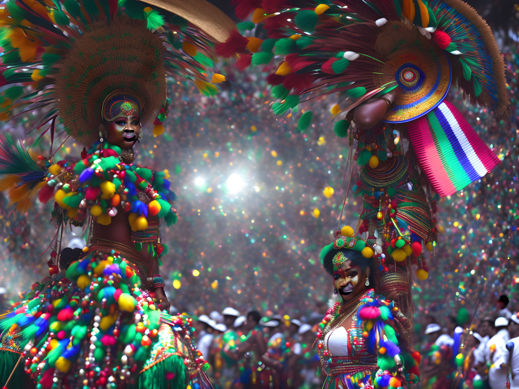 Colorful Costumed Individuals at Festive Event with Confetti