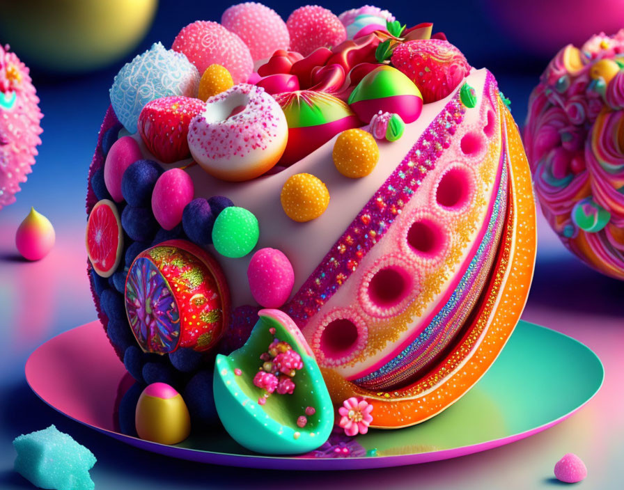 Vibrant digital artwork: whimsical candy-like sphere on colorful background