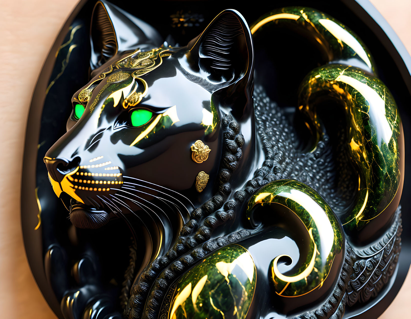 Black and Gold Ornate Feline Mask with Green Eyes