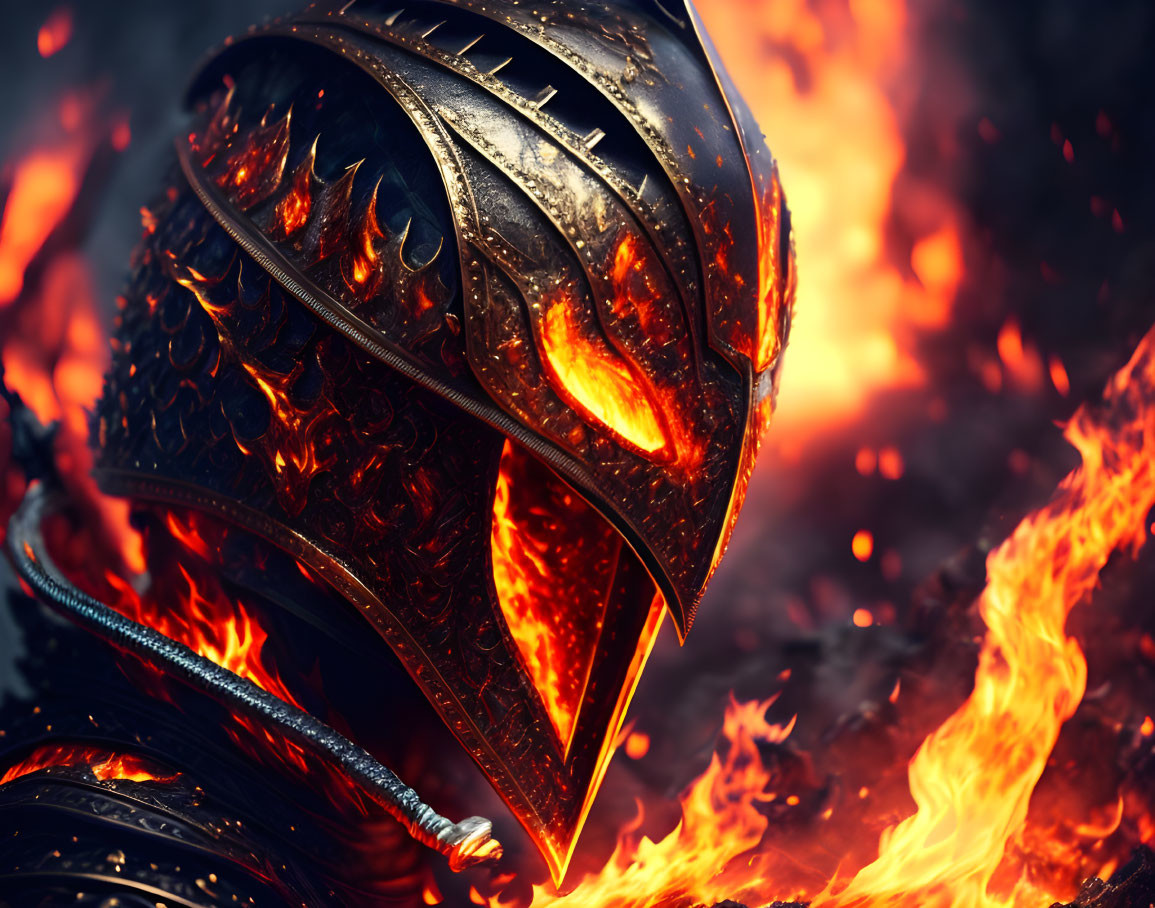 Intricate Metallic Knight's Helmet Glowing Amid Intense Flames