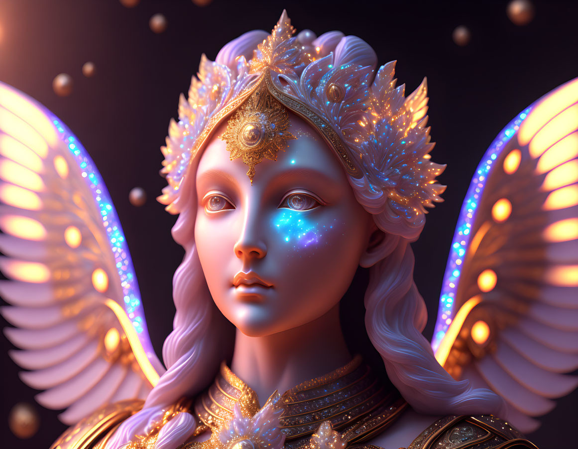 Celestial digital artwork with golden headdress and glowing blue star patterns