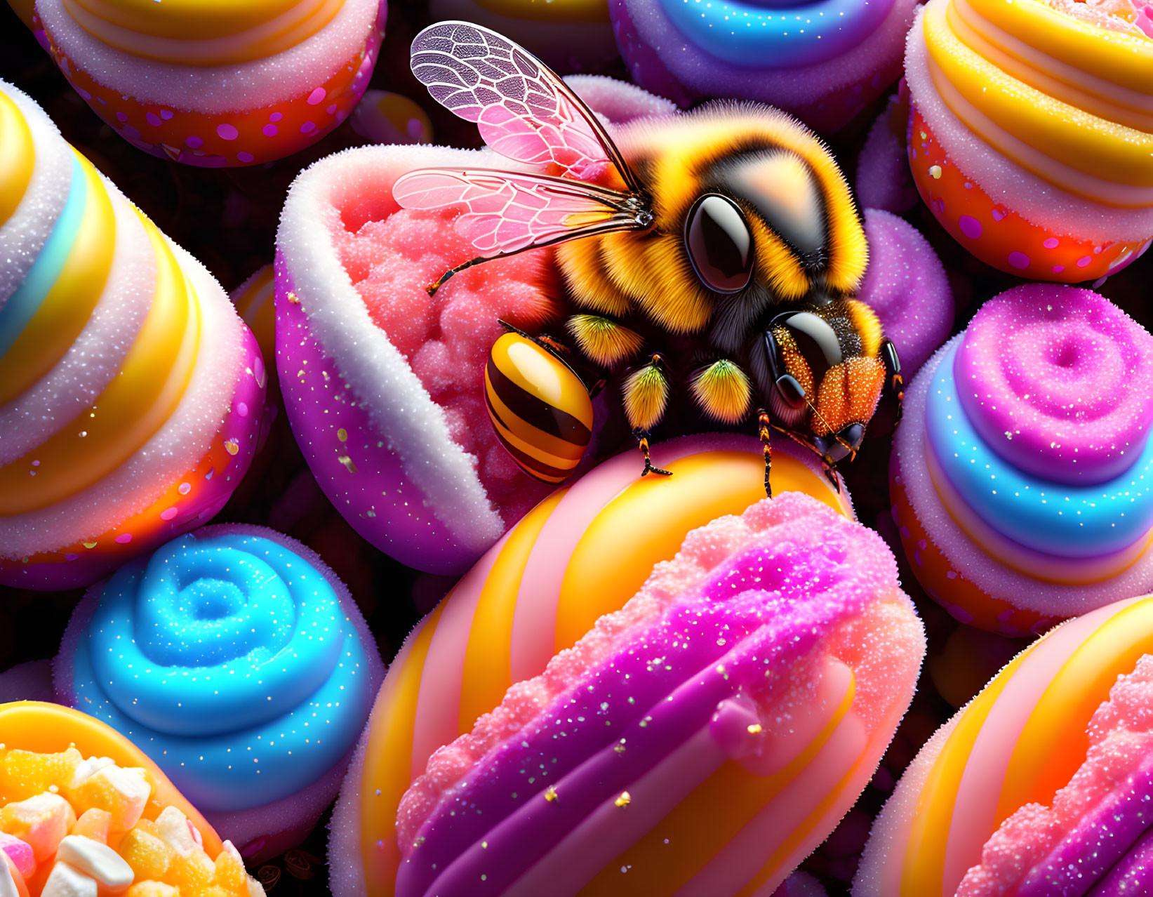 Colorful Bee Resting on Sugary Candy Landscapes