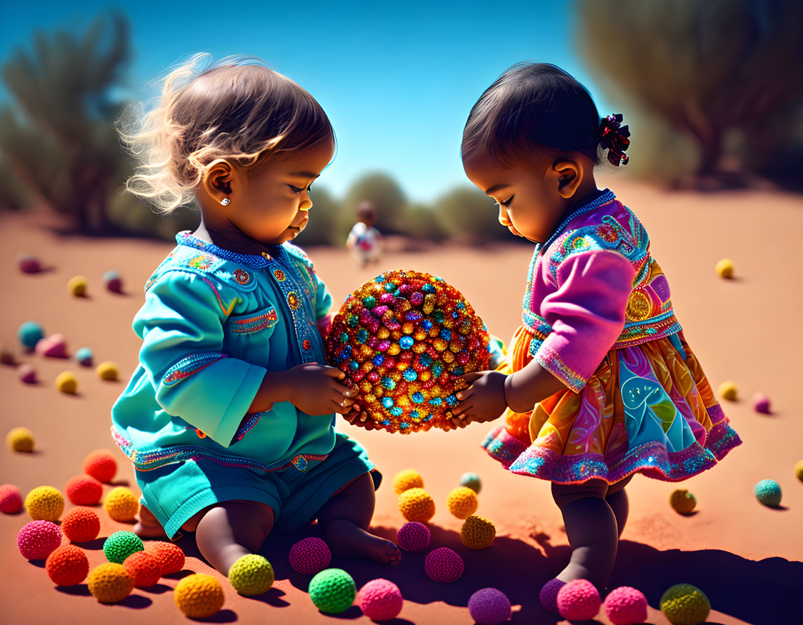 Colorful Toddlers Playing with Ball in Desert Landscape