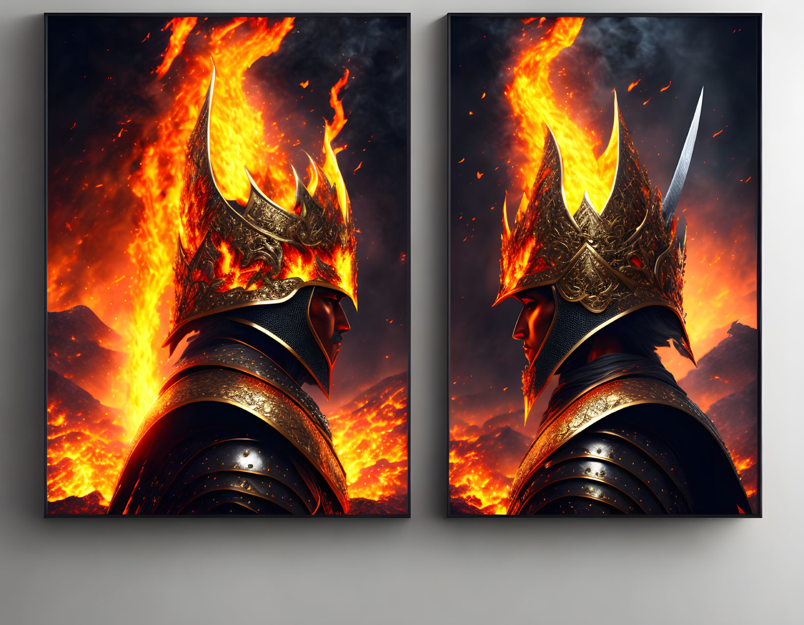 Profile Views of Knight with Flaming Horns Helmet in Digital Artworks