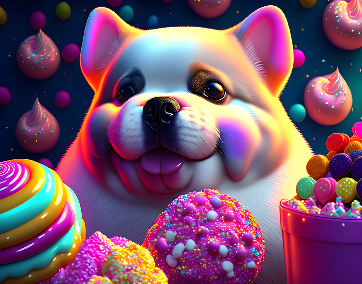 Colorful Candies Surround Joyful Corgi with Tongue Out