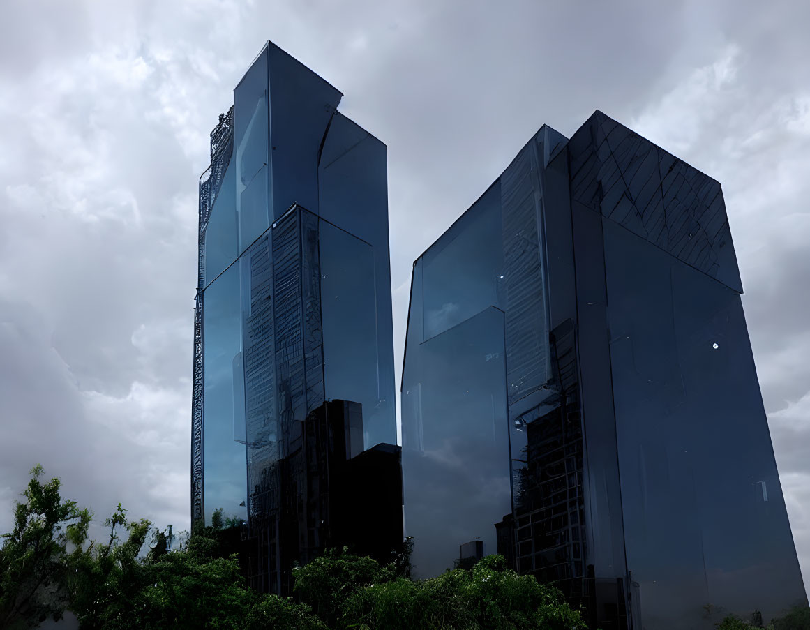 Modern glass high-rise buildings and construction crane under cloudy sky