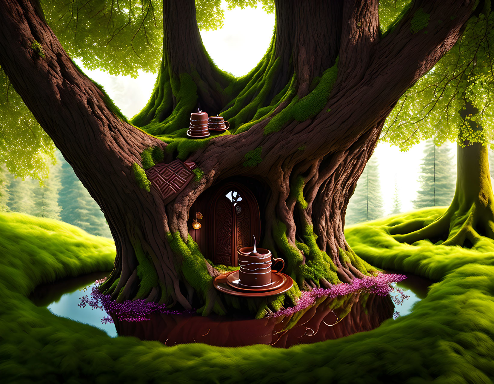 Enchanted forest scene with cozy hollow tree interior surrounded by lush greenery