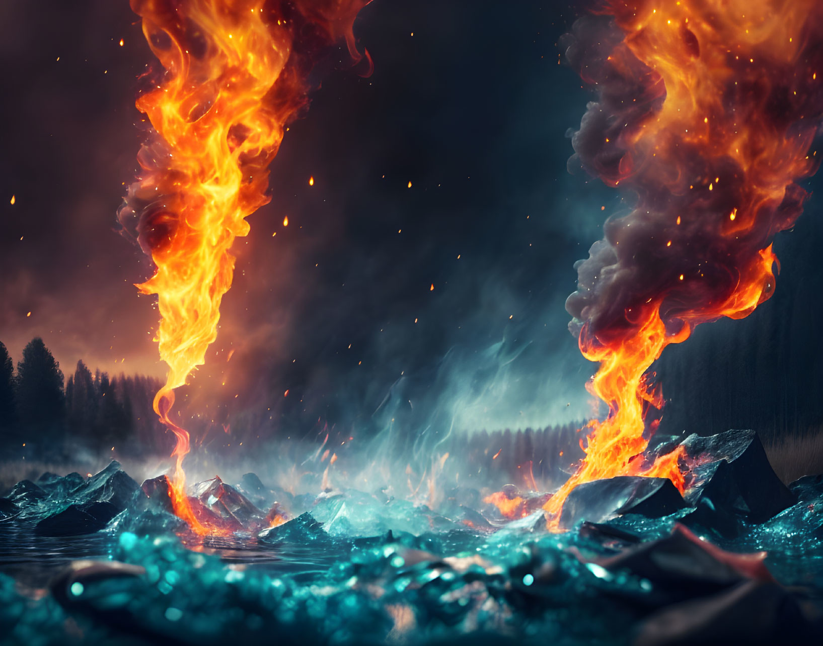 Fiery whirlwinds in dark rocky landscape under night sky