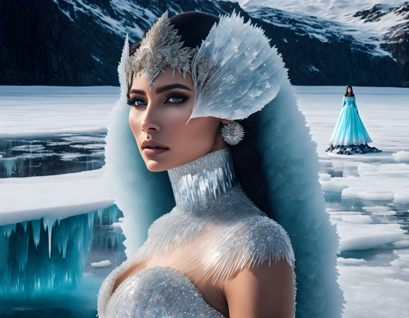 Fantasy Artwork: Two Women in Ice-Themed Costumes with Snowy Landscape