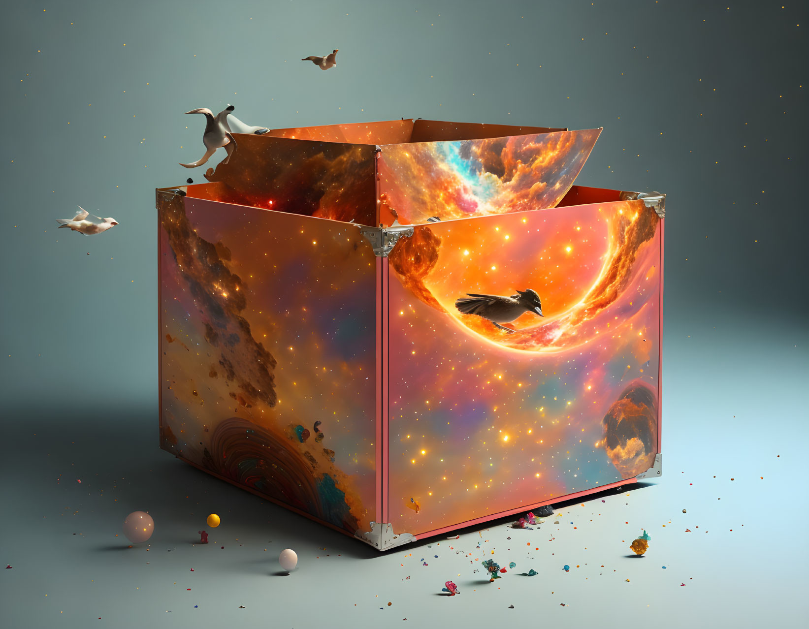 Cosmic-themed box with planets, nebulae, paper birds, and colorful fragments