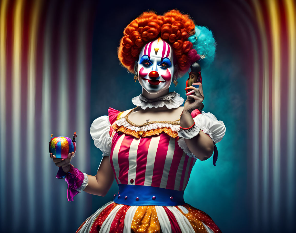 Colorful Clown with Red Wig Holding Globe and Horn on Striped Backdrop