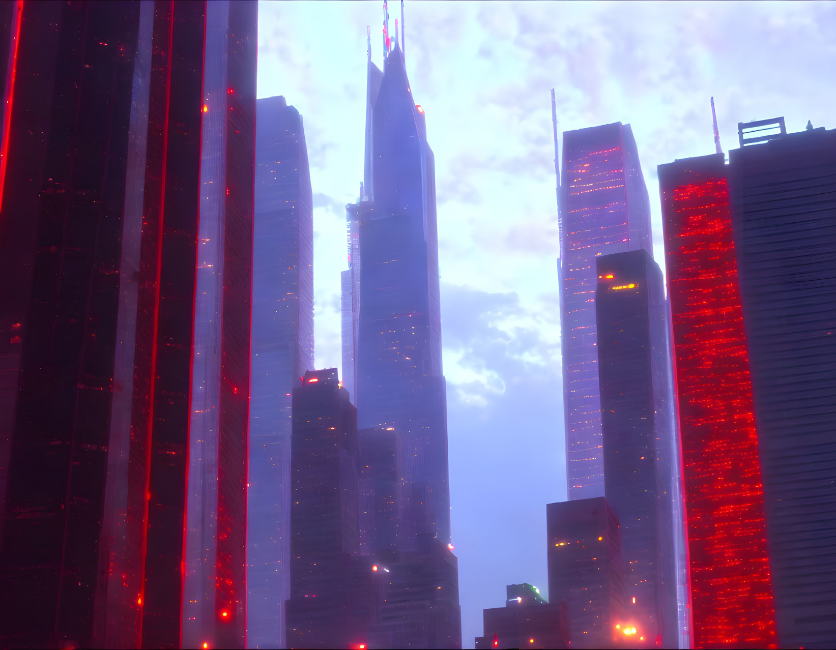 Futuristic cityscape with towering skyscrapers at dusk