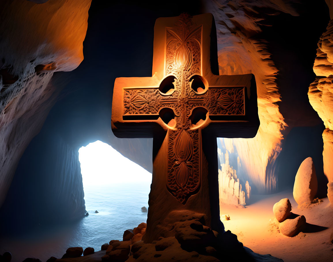 Intricate cross in sunlight-filled cavern overlooking the sea