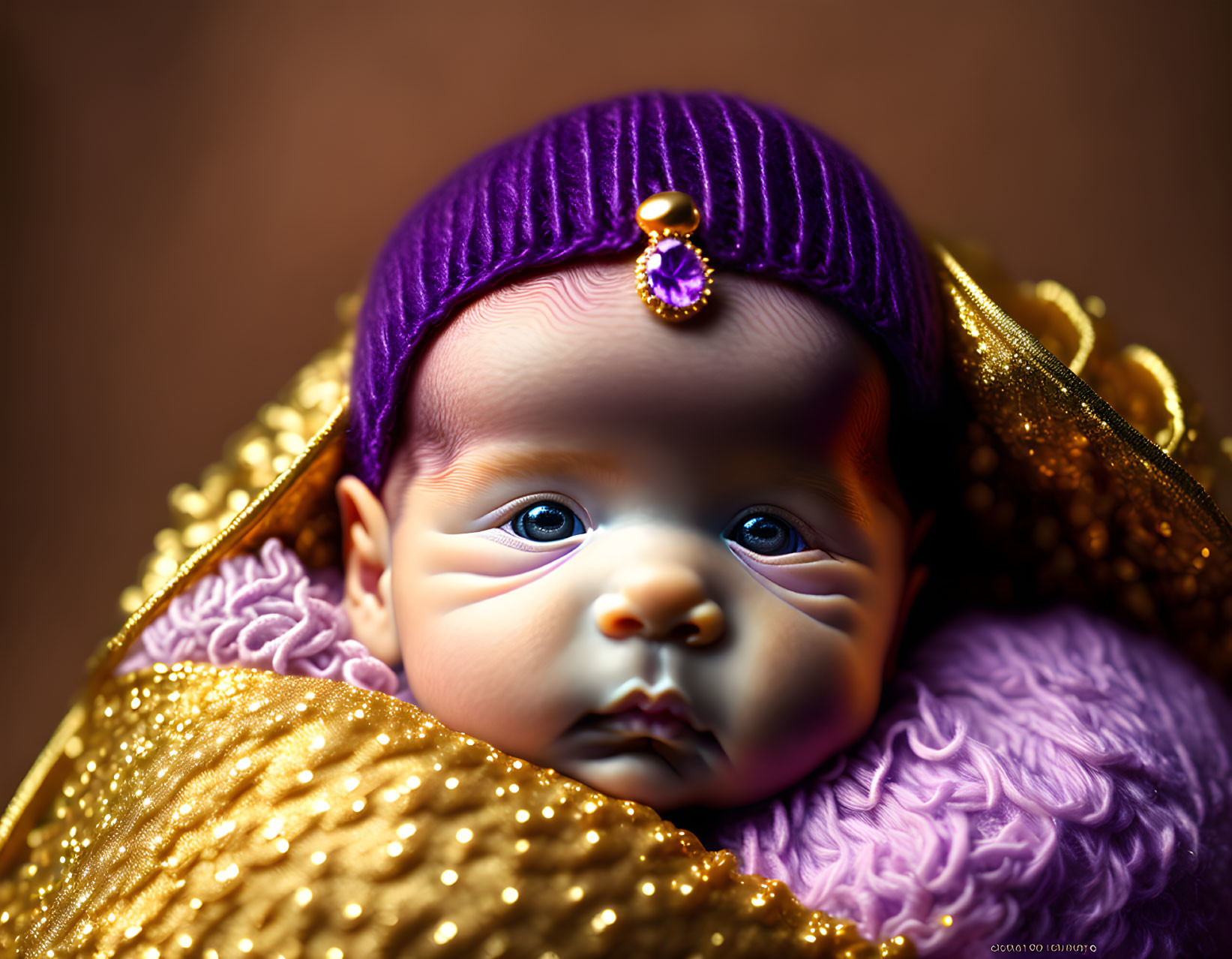 Newborn baby wrapped in golden textile with purple knitted hat