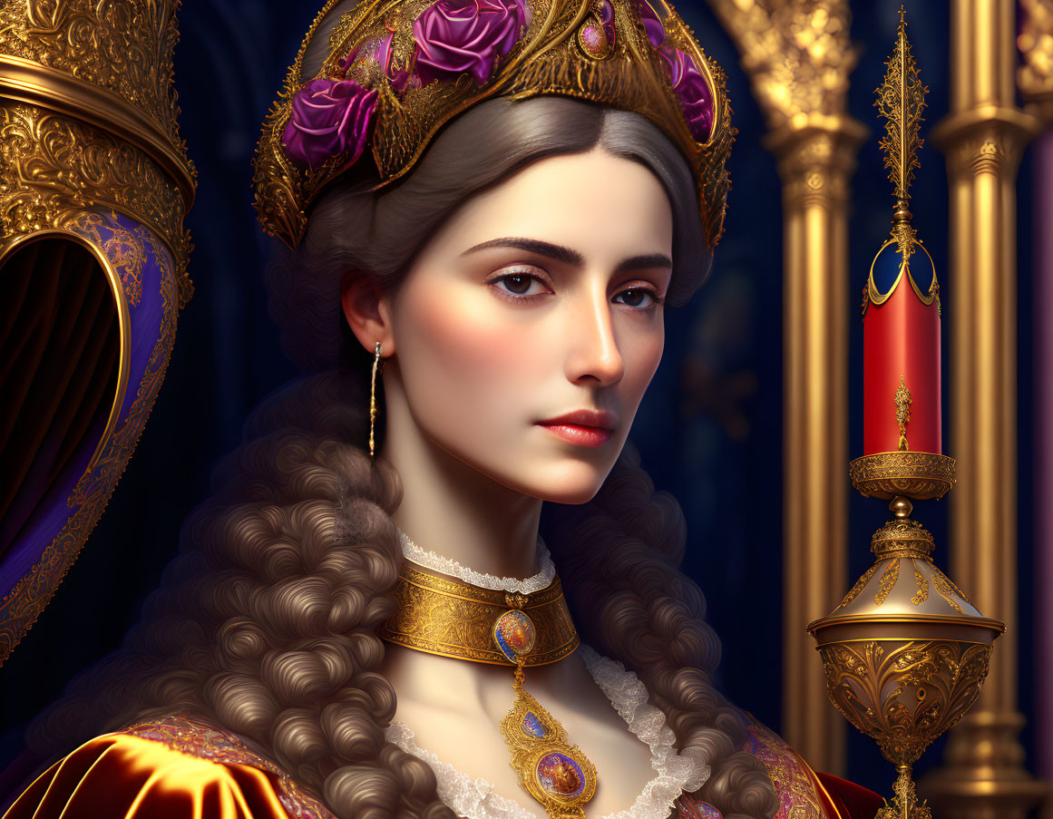 Regal woman in gold-trimmed cloak and crown next to gilded throne