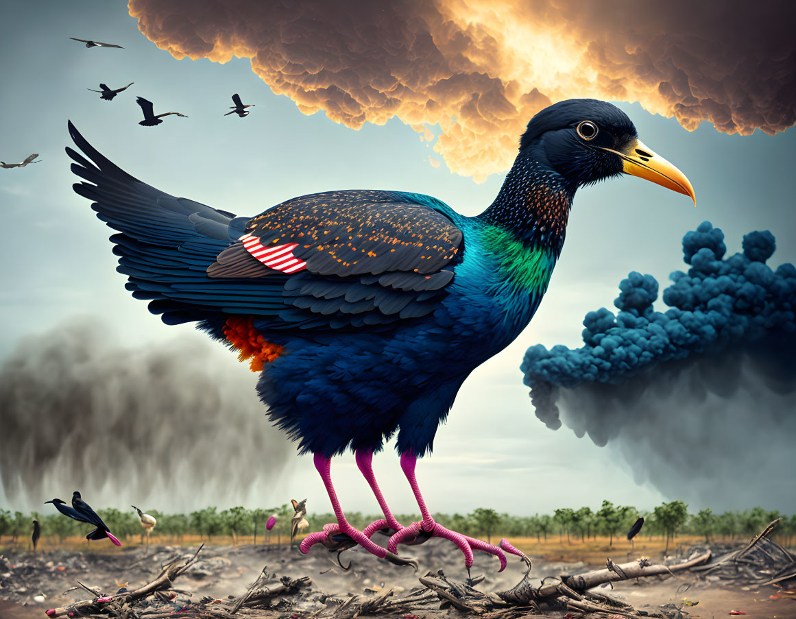 Iridescent starling in surreal stormy landscape with smaller birds and ominous clouds