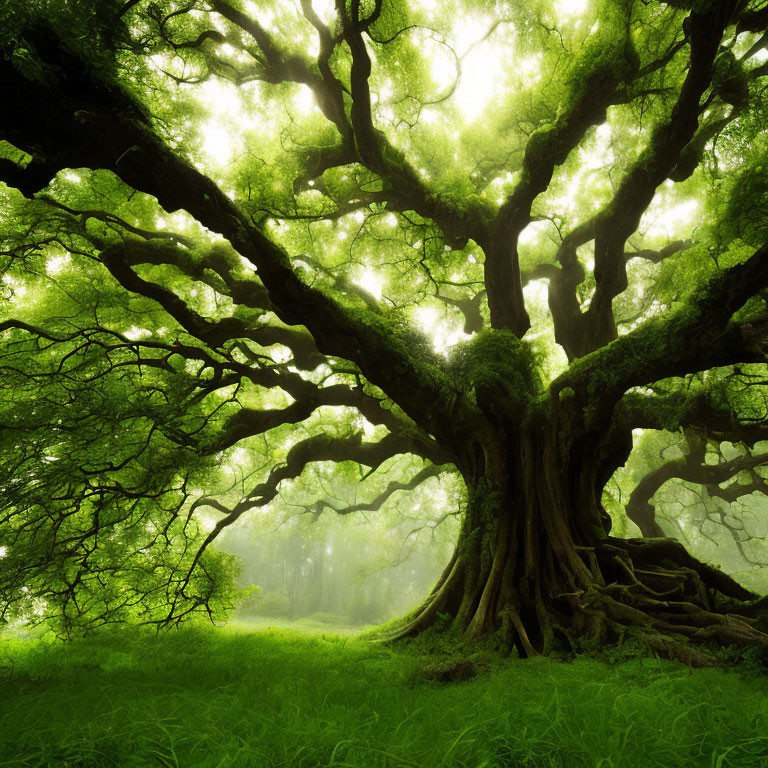 Expansive tree with bright green foliage in misty forest.