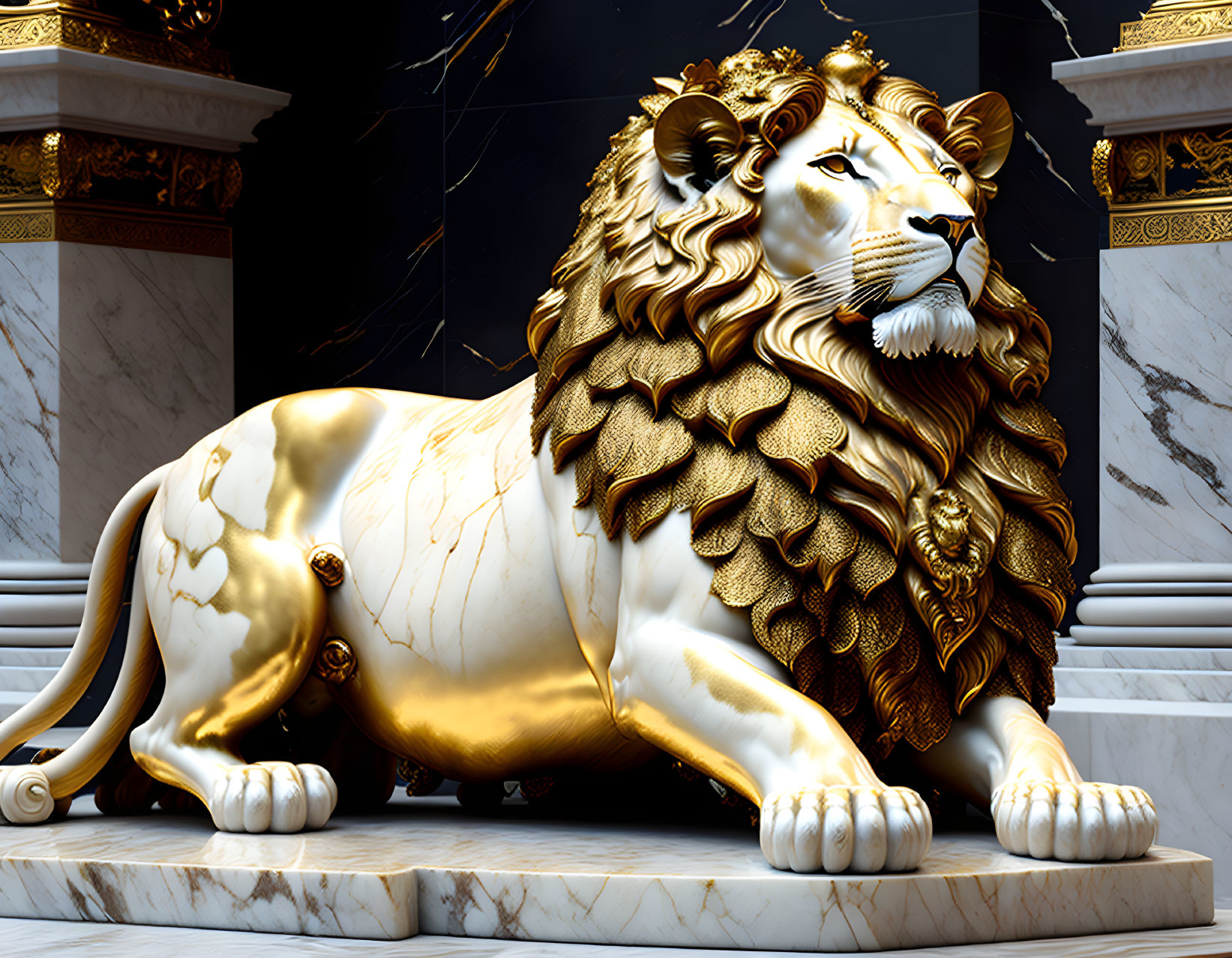 Golden and White Lion Statue with Luxurious Mane on Marble Floor