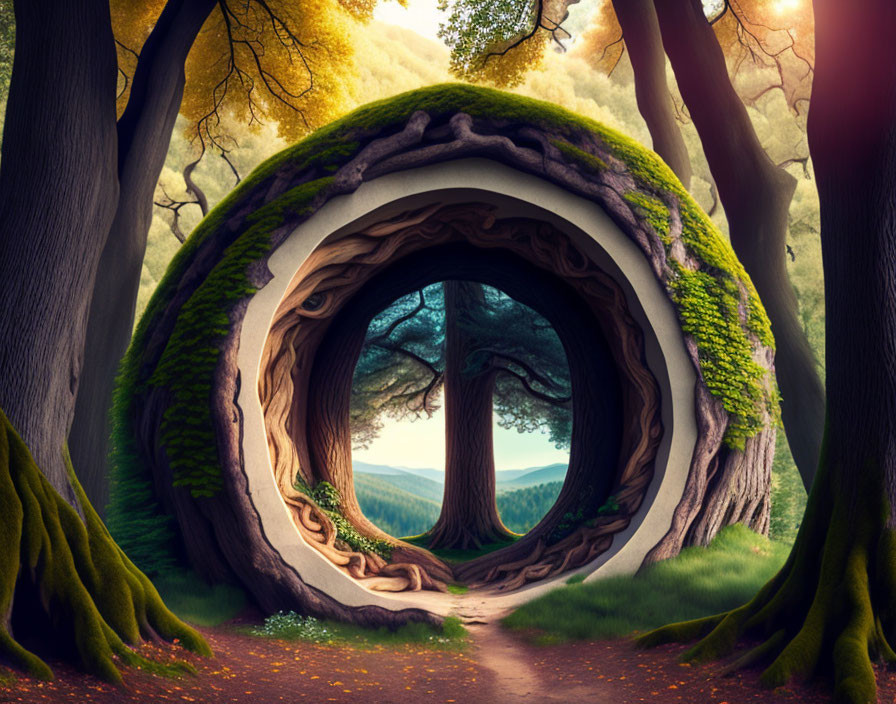 Surreal image of spiral tree tunnel in lush forest landscape