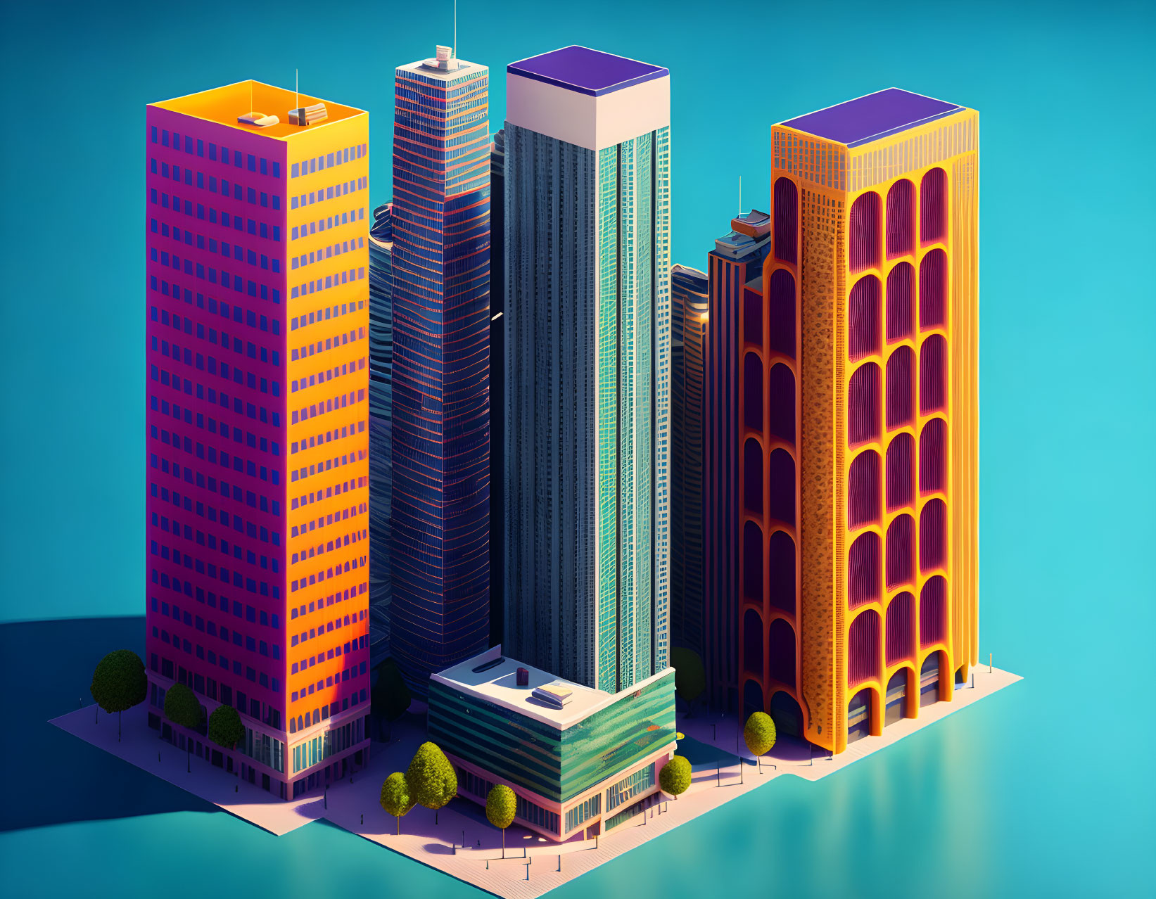 Colorful 3D illustration of vibrant skyscrapers on blue background