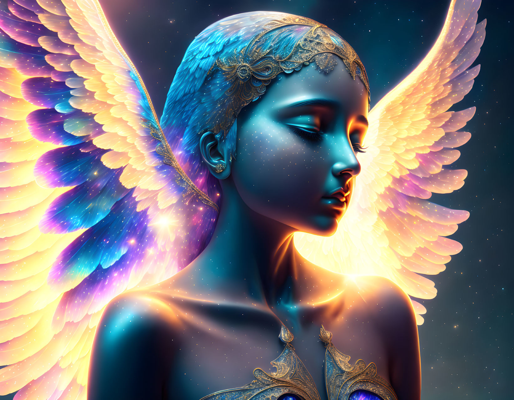 Celestial-themed female figure with luminous wings on dark background