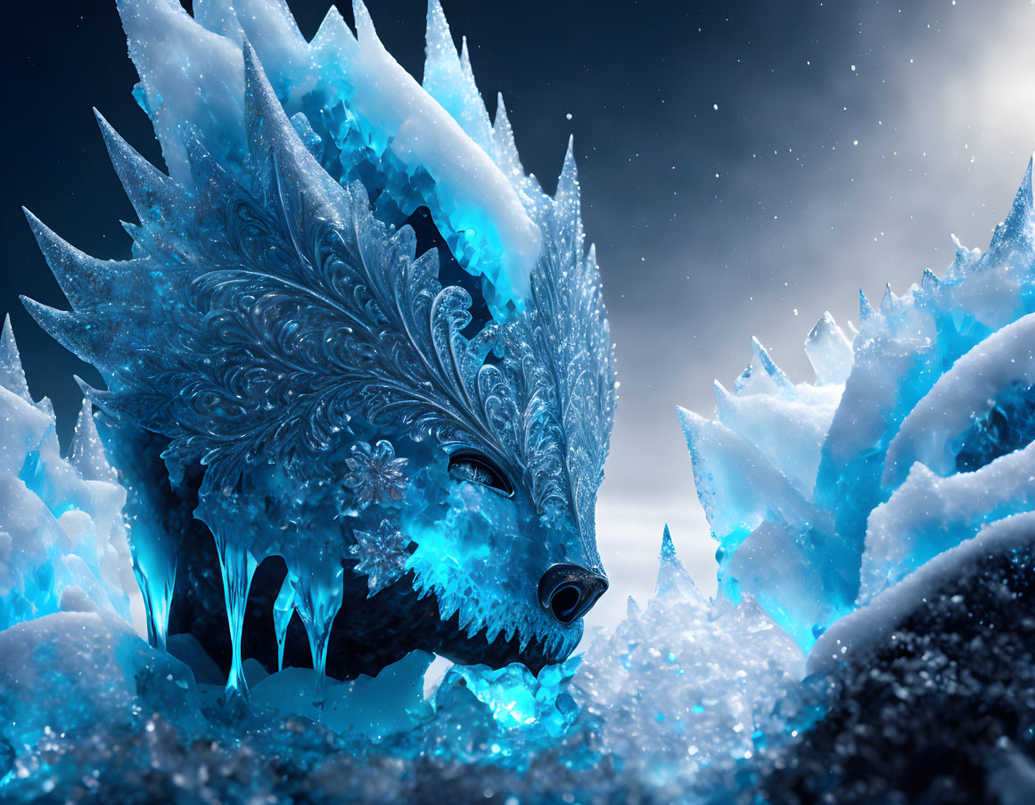 Majestic ice dragon among icy crystals and starry sky