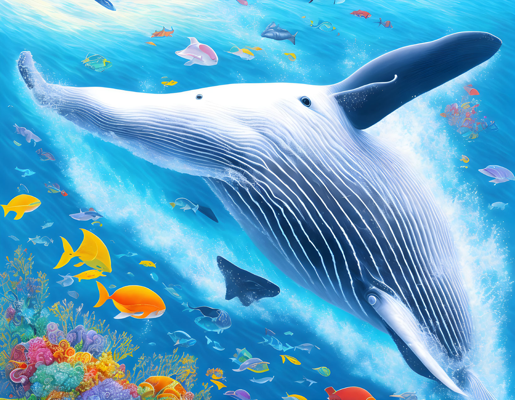 Colorful Underwater Scene with Whale, Fish, and Coral Reef