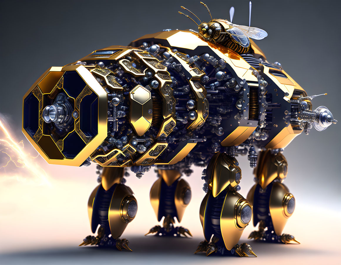 Intricate Cybernetic Mechanical Bee with Golden Glow