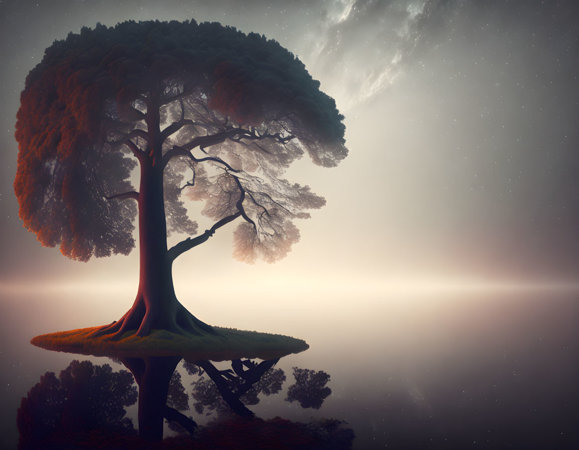 Majestic tree under starry sky with lush and bare branches