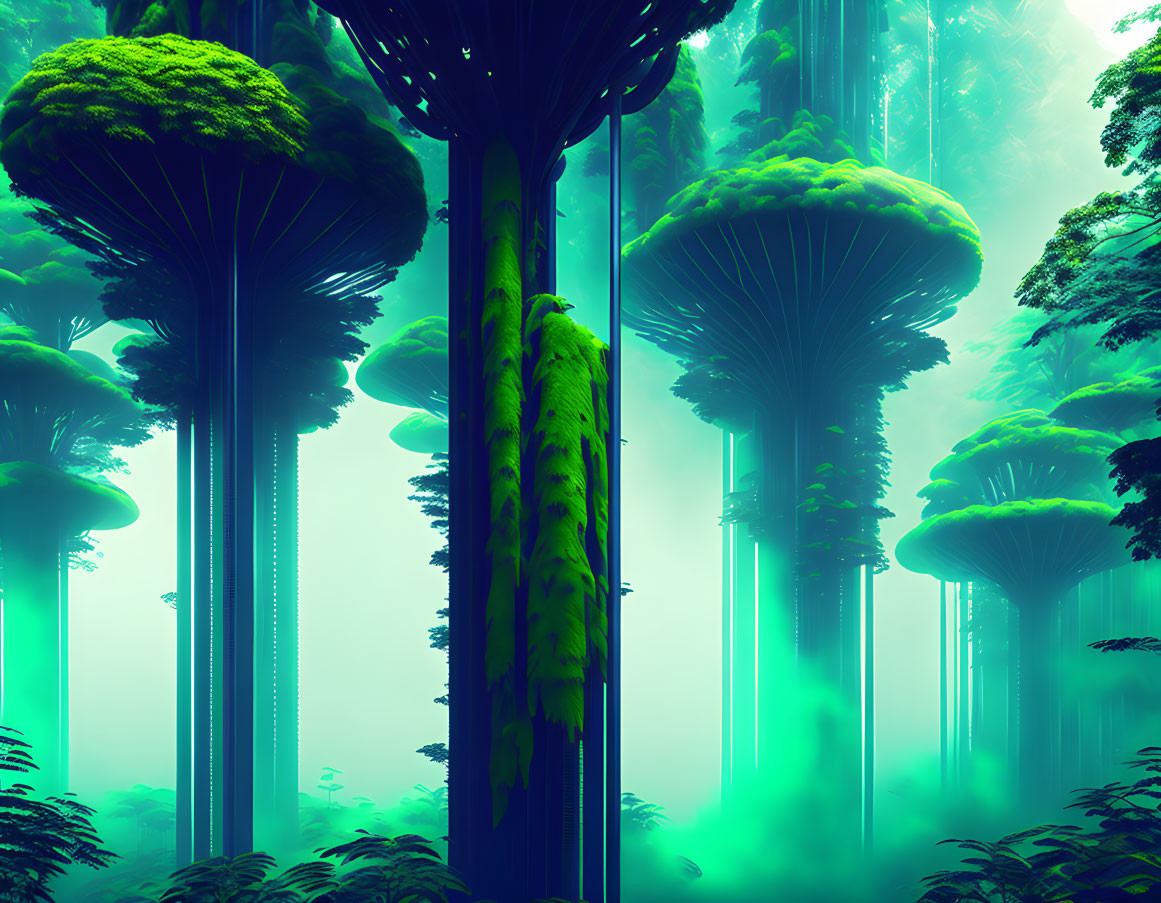 Enchanted forest with towering mushroom-like trees in mystical green fog