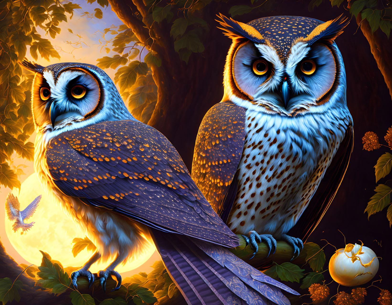 Vibrant illustrated owls in autumnal setting with glowing bird and pumpkin