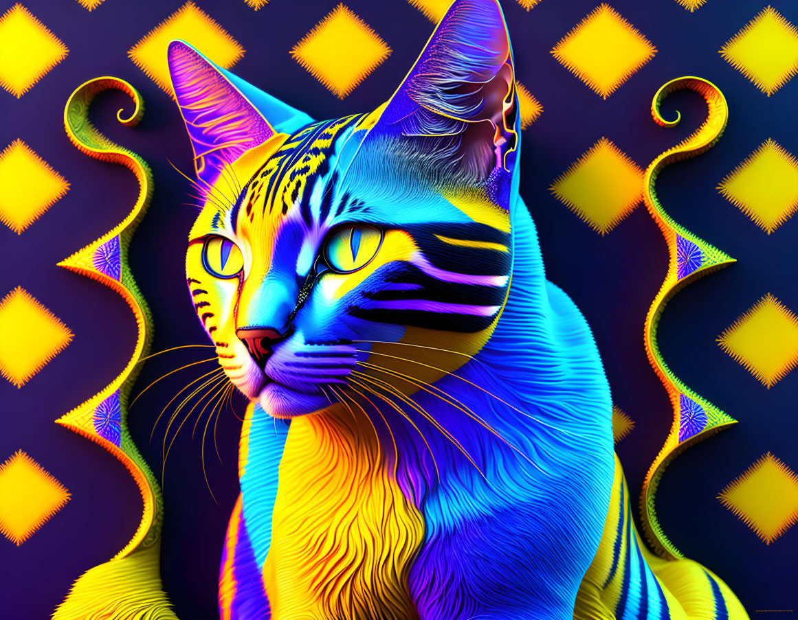 Colorful Digital Art: Cat with Blue, Yellow, & Purple Patterns