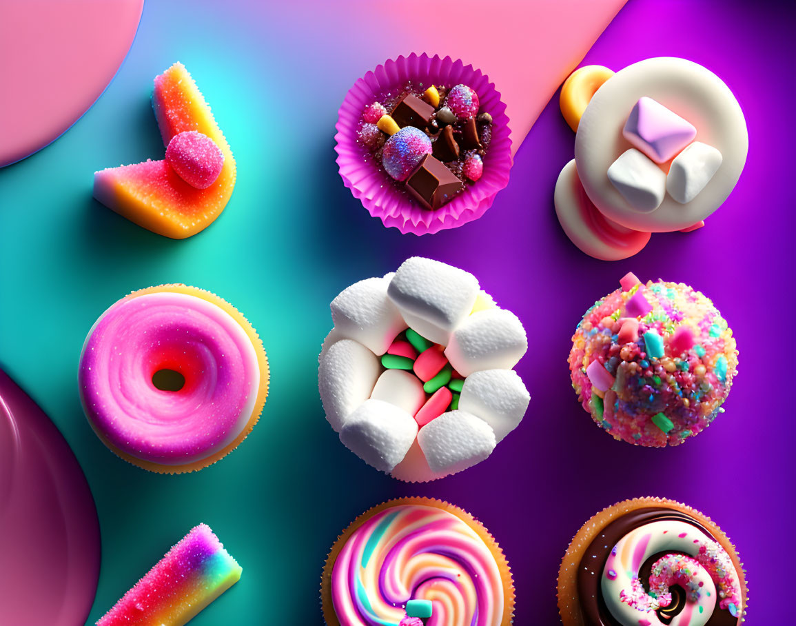 Assortment of colorful candies and desserts on vibrant background