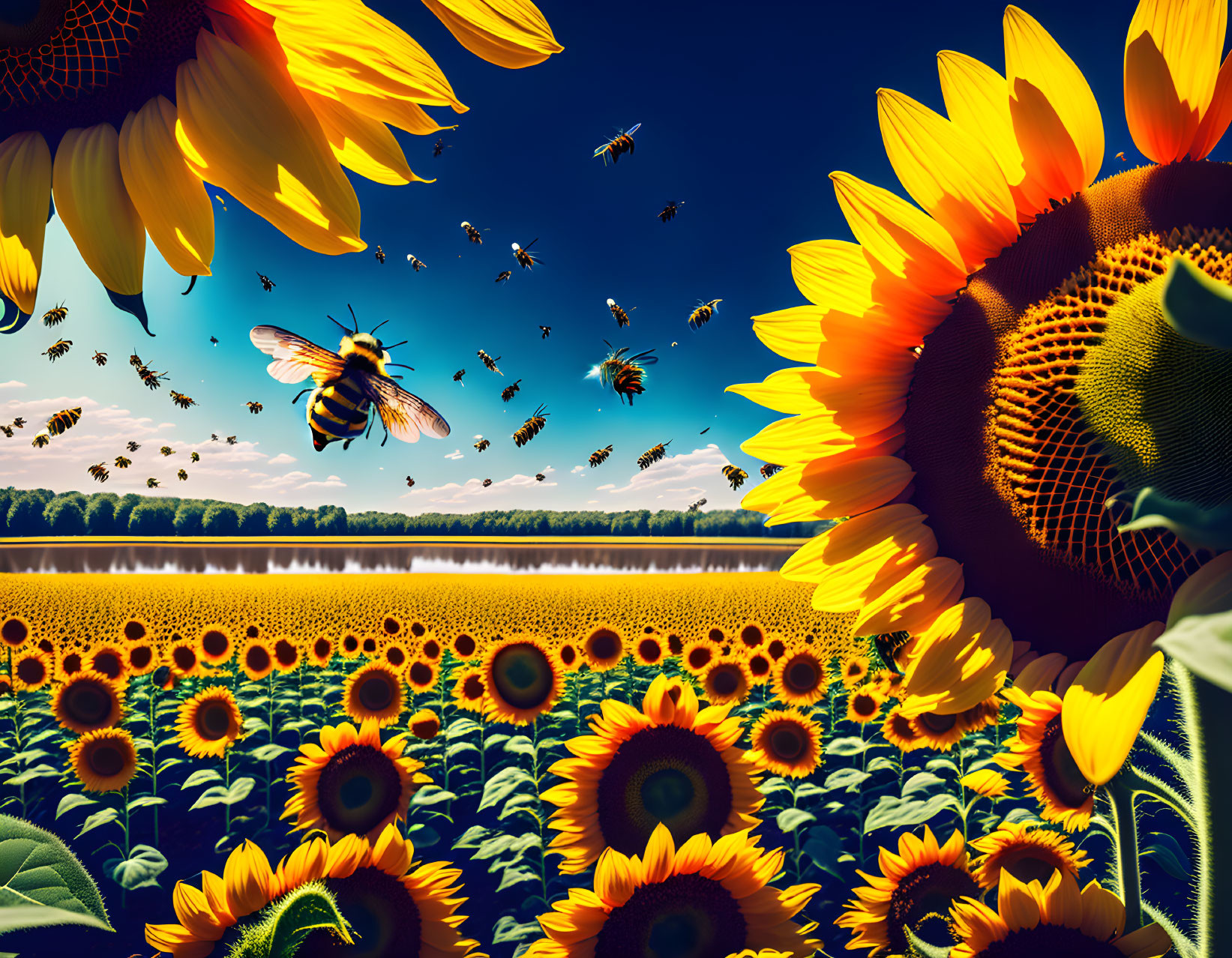 Sunflower Field with Bees under Clear Blue Sky