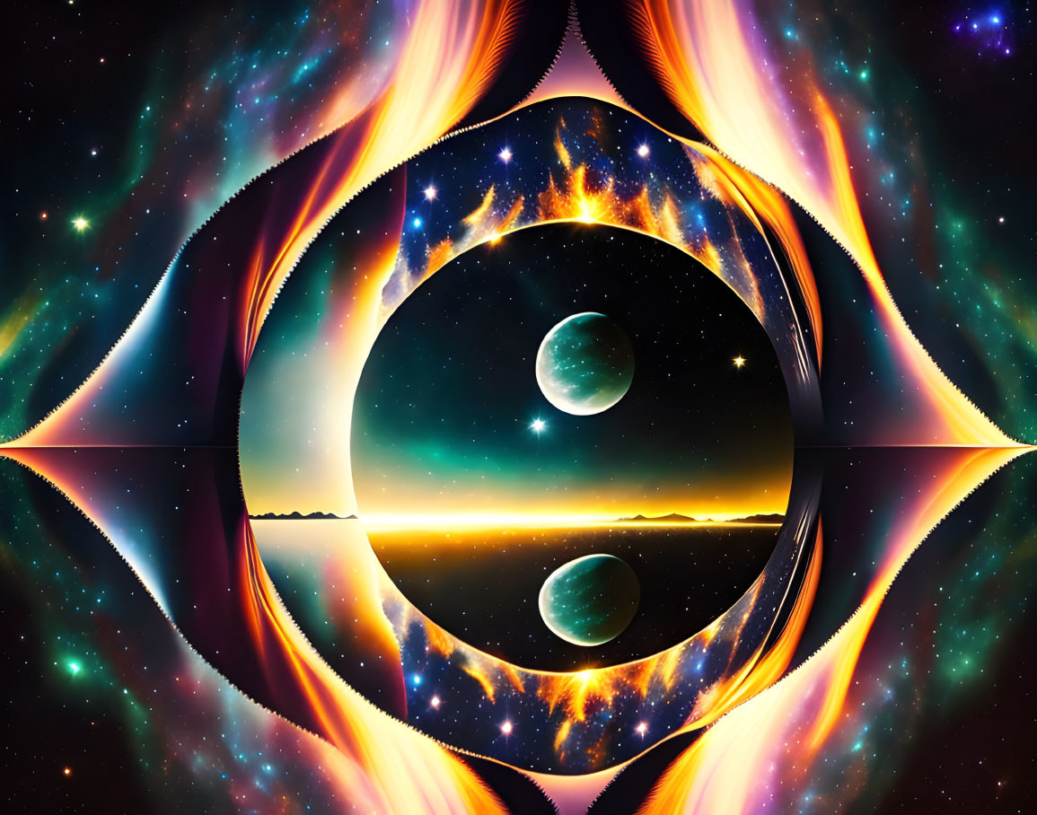 Colorful digital artwork: cosmic scene with planets, starry sky, and fiery patterns