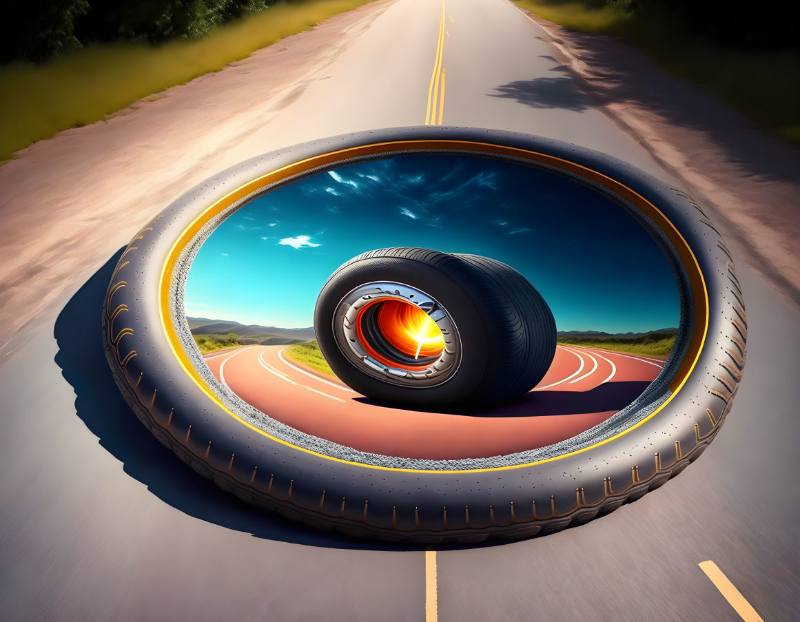 Surreal image of large tire encircling road under blue sky