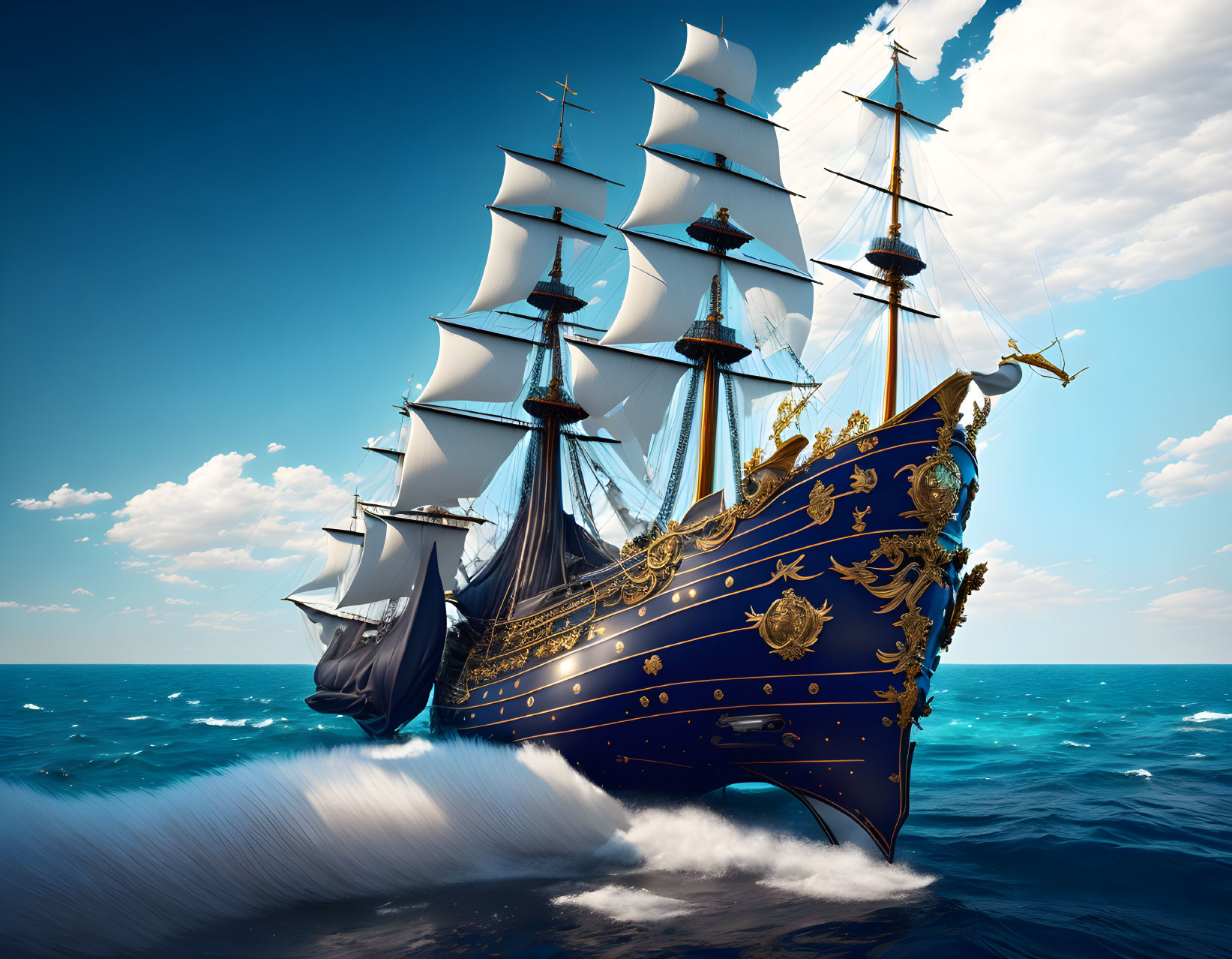 Blue sailing ship with white sails on ocean under clear sky