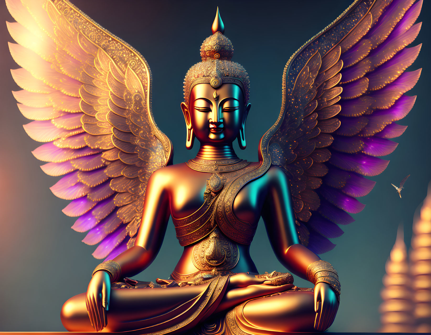 Golden Buddha with Intricate Designs and Colorful Wings