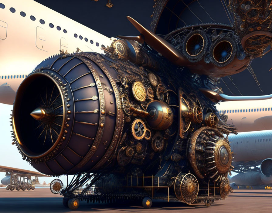 Steampunk-inspired airplane engine with gears and cogs at airport dusk