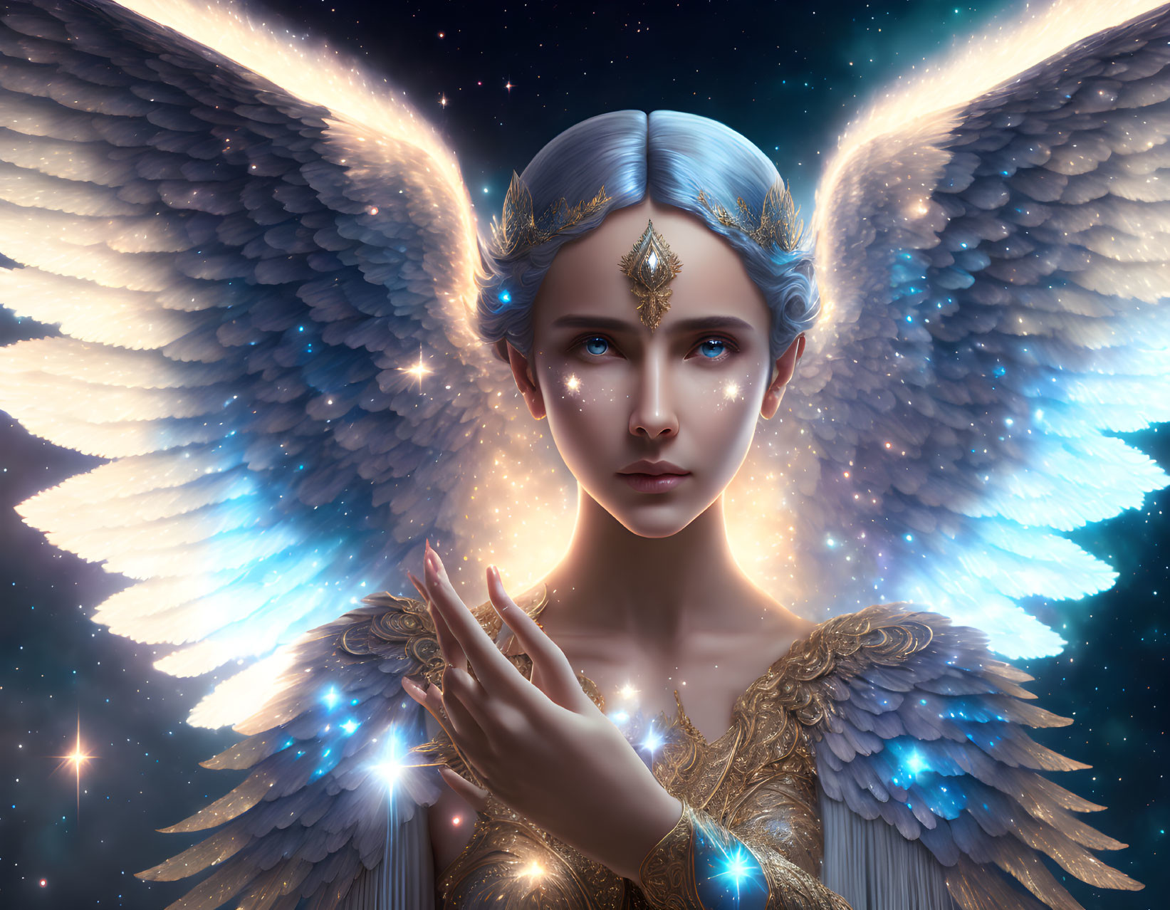 Ethereal being with luminous wings and ornate headdress in cosmic backdrop