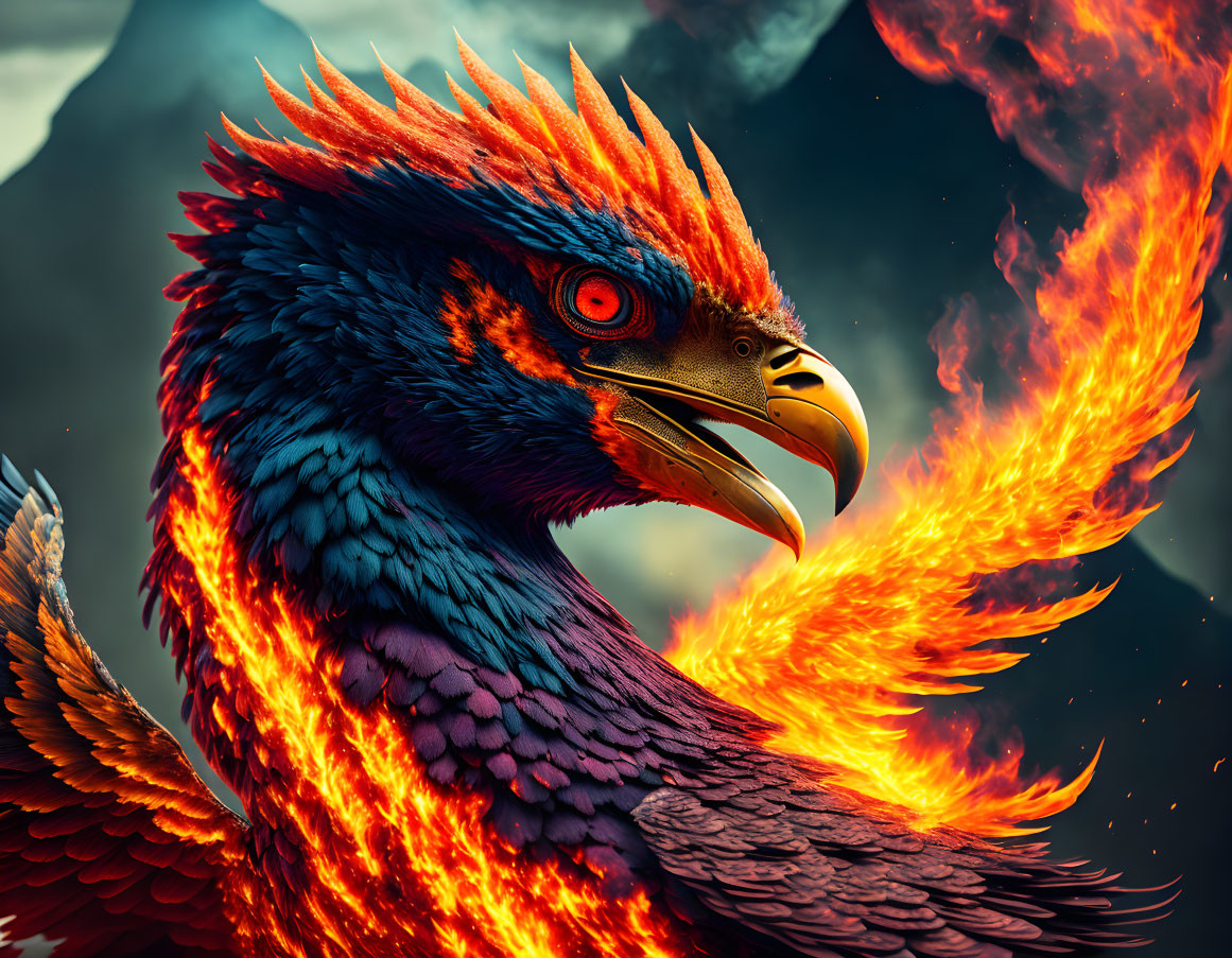 Colorful Phoenix Bird with Orange and Blue Plumage in Flames